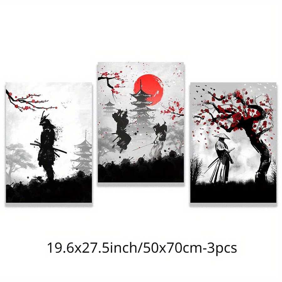 3 pièces Ensemble d'affiches sur canevas créatives sans cadre, peinture de samouraï japonais tueur assassin, canevas imprimée de samouraï cool à l'encre éclaboussée pour la chambre à coucher, le bureau, le salon, la décoration murale et la décoration de la maison