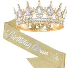 2pcs/Set Shiny Metallic Crown + Shoulder Strap "Birthday Queen" Set, Bridal Crown Headpiece, Suitable For Birthday Party, Wedding, Christmas Party, Masquerade Ball, Women Costume Accessories, Coronas, Tiara, Hair Garland, Bride To Be