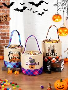 Custom Name Halloween Trick Or Treat Bag, Halloween Candy Basket, Halloween Candy Sack, Halloween Gingham Basket, Personalized Halloween Bag Name, Trick Or Treat Gift Packaging Bags, Halloween Gifts, Halloween Decorations, Day Of The Dead Packaging Bags, Halloween Theme Party Gift Bags, Custom Gingham Candy Bag For Kids, Halloween Decoration, Halloween Gift, Christmas - Multicolor - View 7