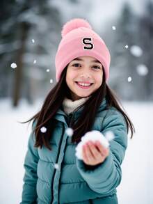 1 件刺绣个性化婴儿针织帽幼儿儿童 26 个字母针织帽毛球帽适合幼儿男孩和女孩 - 粉色 - 查看 5