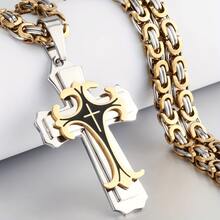 1 Retro Gilt Men's Necklace, Flat Handmade Chain Body With Multi-Layer Cross Pendant, Classic Punk Style Interpretation Of Personality Attitude, Daily Casual Party, Unique Gift Choice For Valentine's Day Anniversary - 金的 - 查看 1