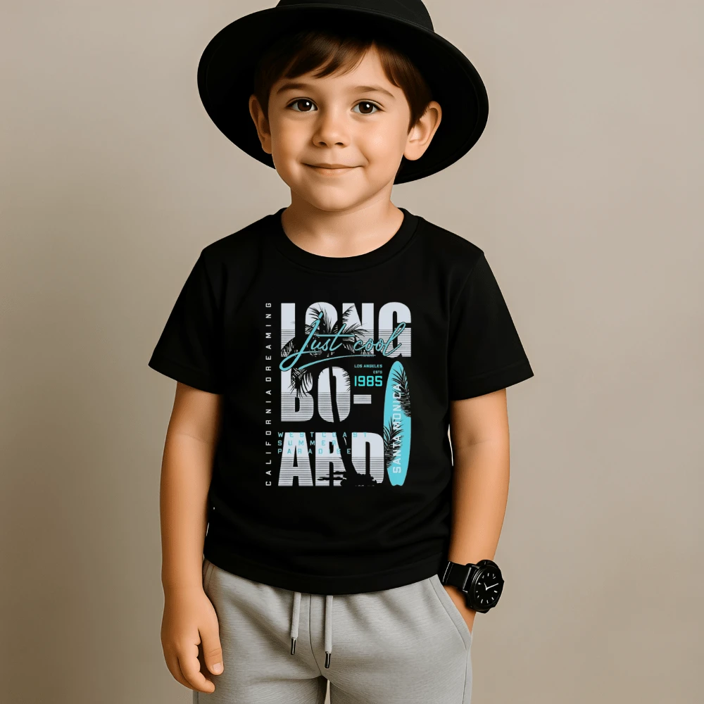 Children's T-Shirt Short Sleeve Blouse Printed Longboard 100% Cotton Unisex Children's Shirt - 黑色 - 查看 1