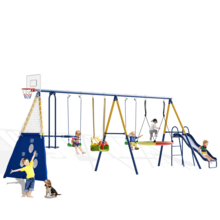 8 In1 Swing Sets For Backyard With Kids Slide Outdoor Heavy-Duty Metal Playset For Kids 550lbs Swing Set With Slide, Saucer Seat, 2 Belt Seat, Soccer Goals, Glider,Baby Swing Set And Baketball Hoop - Màu xanh lam - Xem 12