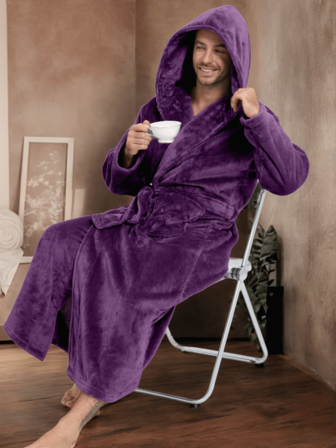 一件加厚法兰绒秋冬柔软舒适情侣双口袋奢华抓绒连帽腰带浴袍，男士款，适合秋冬季节，蓬松柔软，舒适保暖