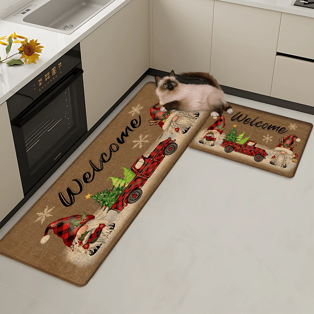 1 pièce Tapis de cuisine en lin imprimé motif elfe, décoration et cadeau de Noël, tapis en polyester rectangle imprimé en 3D pour le salon, la chambre, le couloir, la salle de bain, la buanderie - décoration d'intérieur et d'extérieur