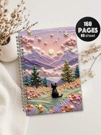 5.5x8.5 Inch, 60 Pages Vintage Animal Theme Spiral Notebook - Black Cat Starry Sky Pattern, Hard Cover, Grid-Lined Pages. Suitable For School, Office, Diary, Gift, Casual Writing | Quirky Design | Artistic Cover, Student Notebook, Back To School Essential