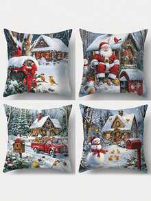 Set von 4 Weihnachten Kissenbezügen mit Weihnachtsmann, Schneemann und rotem Lastwagen - zeitgenössische Reißverschluss-Dekorationshüllen für Sofa und Outdoor, festliche Urlaubsszenen, robuster gewebter Polyester, nur von Hand waschbar - 45 x 45 cm