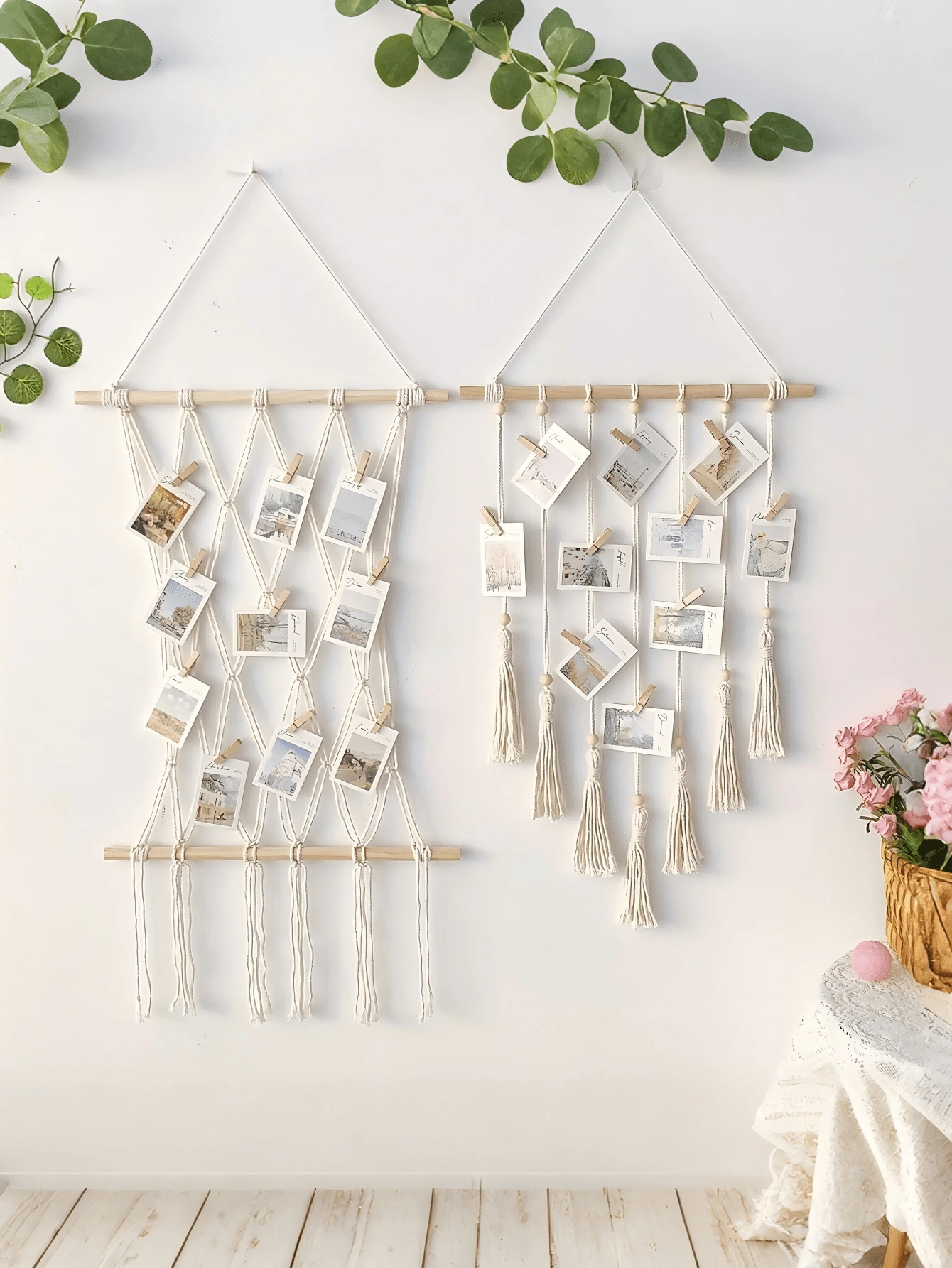 Hanging Photo Display Boho Macrame Wall Decor,Chic Wall Hanging Decor, Macrame Style Tapestry, Tassel Photo Wall Hairpin Storage, Room Decor, Birthday Party Decor, Garden Decor, Birthday Gifts, Wooden Home Art Storage, Teen Girls Christmas Gifts