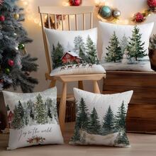 4pcs Christmas Minimalist Watercolor Farm Christmas Tree, Pine, Reindeer Pillow Cover Set, Single-Sided Printed Peach Velvet Polyester Material, 45*45CM/18*18inch Cushion Cover Suitable For Room Decor, Modern Minimalist Sofa Living Room Decor, Gift, Party Decoration - Multicolor - View 5