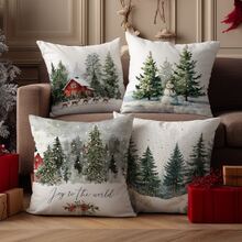 4pcs Christmas Minimalist Watercolor Farm Christmas Tree, Pine, Reindeer Pillow Cover Set, Single-Sided Printed Peach Velvet Polyester Material, 45*45CM/18*18inch Cushion Cover Suitable For Room Decor, Modern Minimalist Sofa Living Room Decor, Gift, Party Decoration - Multicolor - View 1