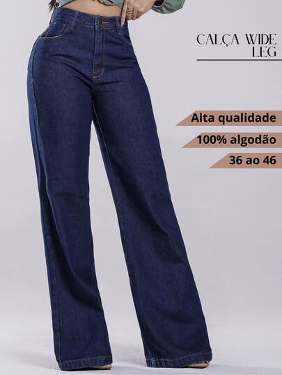Calça Wide Leg Jeans Feminina Cintura Alta Flare Perna Larga Pantalona Calca de Shopping