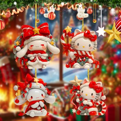 Sanrio 4 piezas de adornos para el árbol de Navidad de Hello Kitty de Sanrio - Llavero acrílico glamoroso y adornos para el espejo retrovisor del automóvil con lazos rojos, estrellas y diseños festivos, sin necesidad de electricidad para la decoración navideña, fiestas y jardín del hogar, decoraciones navideñas, decoraciones navideñas para el hogar, accesorios para fiestas, diseño juguetón, adornos duraderos, ideal para Navidad, perfecto para la decoración de la habitación