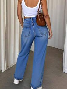 Jeans casuales de mujer de pierna recta, sueltos, desgastados y con bolsillos, Pantalones vaqueros diarios simples unicolor para mujer, estilo urbano, lavables a máquina, longitud larga, para usar en las cuatro estaciones. - Azul - Ver 4