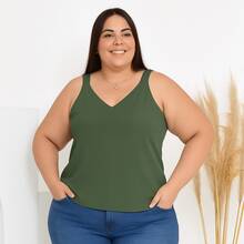 Women's Plus Size Blouse Wide Strap Tank Top Basic Crepe V1 Collar Tank Top Various Colors - xanh quân đội - Xem 2