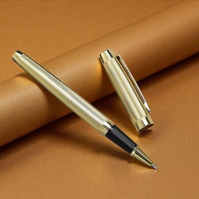 1 Caneta esferográfica de metal galvanizado de alta qualidade (banhada a ouro) - Cartucho de tinta recarregável/Escrita suave/Escolha ideal para profissionais de negócios e estudantes/Perfeita para reuniões de escritório/Essencial para escrita escolar