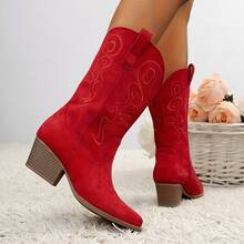Women's Mid-Heeled Platform Mid-Calf Pull-On Western-Style Athletic Boots, Thick-Heeled Round-Toed Riding Boots, New Spring/Autumn Women's Boots - 紅色 - 查看 4