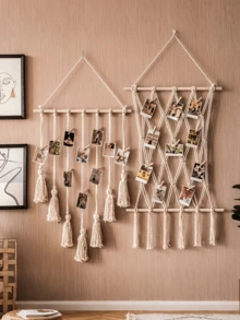 Hanging Photo Display Boho Macrame Wall Decor,Chic Wall Hanging Decor, Macrame Style Tapestry, Tassel Photo Wall Hairpin Storage, Room Decor, Birthday Party Decor, Garden Decor, Birthday Gifts, Wooden Home Art Storage, Teen Girls Christmas Gifts