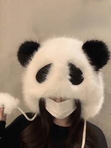 1pc Plush Winter Hat, Cute Cartoon Ear Warmer Fluffy Windproof Thick Hat, Panda Design - Multicolor - View 3