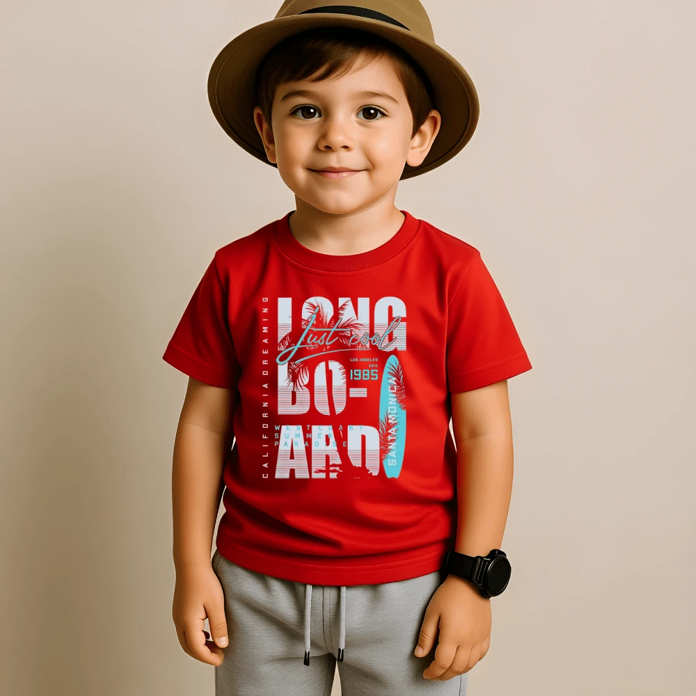 Children's T-Shirt Short Sleeve Blouse Printed Longboard 100% Cotton Unisex Children's Shirt - 紅色 - 查看 1