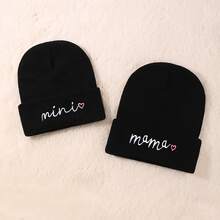 一套母子迷你刺绣腈纶针织帽，纯色时尚帽，弹力针织帽，轻便百搭，男女皆宜，休闲腈纶刺绣针织帽，四季皆宜的冬季服装 - A - 查看 12