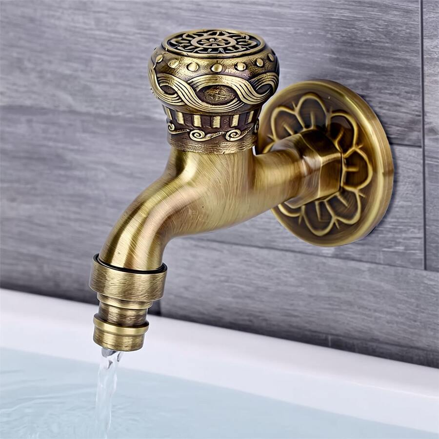 Grifo de Agua de Latón Antiguo para Fregadero de Cocina y Baño - Grifo de Pared con Conexión G1/2 y Montaje en Pared para Lavadero, Hogar, Lavadora y Jardín - 1 - Ver 1