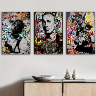3pcs Optional Wooden Frame Canvas Posters, Modern Art, Hip-Hop Artist Graffiti Canvas Paintings, Celebrities, Music Posters, Bedroom Living Room Corridors Wall Decor Living Room, The Ideal Gift For Wall Decoration, Winter Decoration, And Room Decoration