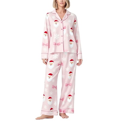 Women 2 Piece Christmas Pajamas Lounge Set Santa Claus Printed Button Down Long Sleeve Tops And Long Pants Set Holiday Pajamas Mathching Sets Sleepwea
