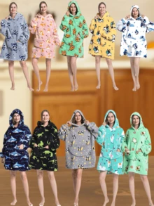 1件男女通用加厚抓绒连帽睡袍 - 宽松冬季家居服，卡通牛油果印花，100%涤纶，带口袋和弹性袖口，适合室内/室外穿着。连帽卫衣 - 宽松毛绒连帽衫，带袖子和超大口袋，保暖毯，男女皆宜，舒适的法兰绒面料，万圣节必备，可作睡袍使用，保暖防风。 - 彩色 - 查看 7