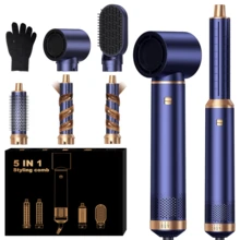Conjunto de Ferramentas de Penteado 5 em 1 - Modelador de Cachos Rotativo Automático, Escova Alisadora, Secador de Cabelo Estilo Air Wrap