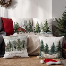 4pcs Christmas Minimalist Watercolor Farm Christmas Tree, Pine, Reindeer Pillow Cover Set, Single-Sided Printed Peach Velvet Polyester Material, 45*45CM/18*18inch Cushion Cover Suitable For Room Decor, Modern Minimalist Sofa Living Room Decor, Gift, Party Decoration - Multicolor - View 3
