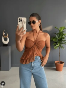 Women's Blouse Tulle Top With Ring, Ruffles, Adjustable Tie, Boho Chic, Casual, Elegant, , Summer Fashion - 鏽棕色 - 查看 4