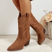 Women's Mid-Heeled Platform Mid-Calf Pull-On Western-Style Athletic Boots, Thick-Heeled Round-Toed Riding Boots, New Spring/Autumn Women's Boots - 棕色 - 查看 4