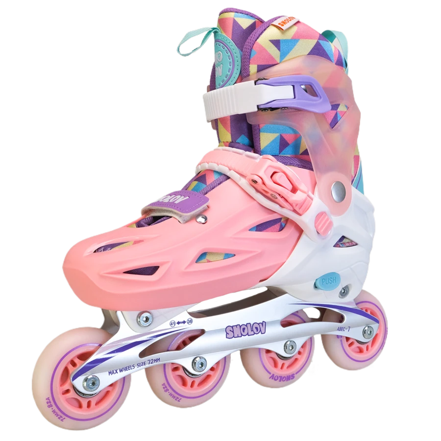 SHOLOV 时尚运动型女士户外直排轮滑鞋，尺码 30-41。轻便、高回弹、可调节，配有可拆卸鞋套、足弓支撑记忆功能、良好的制动性能、闪光 PU 轮，以及加固的 PP 铝合金框架，有效防止脚踝扭伤。适合初学者。