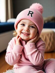 1 件刺绣个性化婴儿针织帽幼儿儿童 26 个字母针织帽毛球帽适合幼儿男孩和女孩 - 粉色 - 查看 2