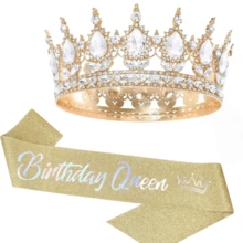 2pcs/Set Shiny Metallic Crown + Shoulder Strap "Birthday Queen" Set, Bridal Crown Headpiece, Suitable For Birthday Party, Wedding, Christmas Party, Masquerade Ball, Women Costume Accessories, Coronas, Tiara, Hair Garland, Bride To Be
