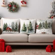 4pcs Christmas Minimalist Watercolor Farm Christmas Tree, Pine, Reindeer Pillow Cover Set, Single-Sided Printed Peach Velvet Polyester Material, 45*45CM/18*18inch Cushion Cover Suitable For Room Decor, Modern Minimalist Sofa Living Room Decor, Gift, Party Decoration - Multicolor - View 7