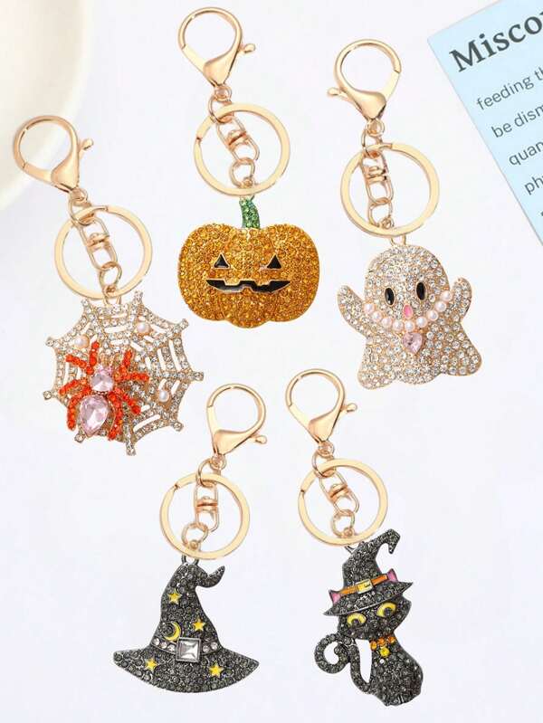 Halloween Strass Schlüsselanhänger Set, gruselige Kürbis Geist Spinne Hexe Katze & Hut Charm Schlüsselringe, mit Kristallen besetzte Halloween Party Gastgeschenk Schlüsselanhänger für Frauen Mädchen Tasche Auto Dekoration