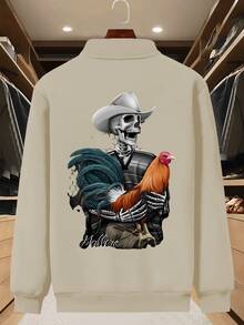Men's Round Neck Athletic Jacket Featuring Artistic Skeleton & Rooster Print | Unique Western Style Graphic Outwear Pullover | Comfortable Casual Sportswear Sweatshirt For Daily Wear - 卡其色 - 查看 3