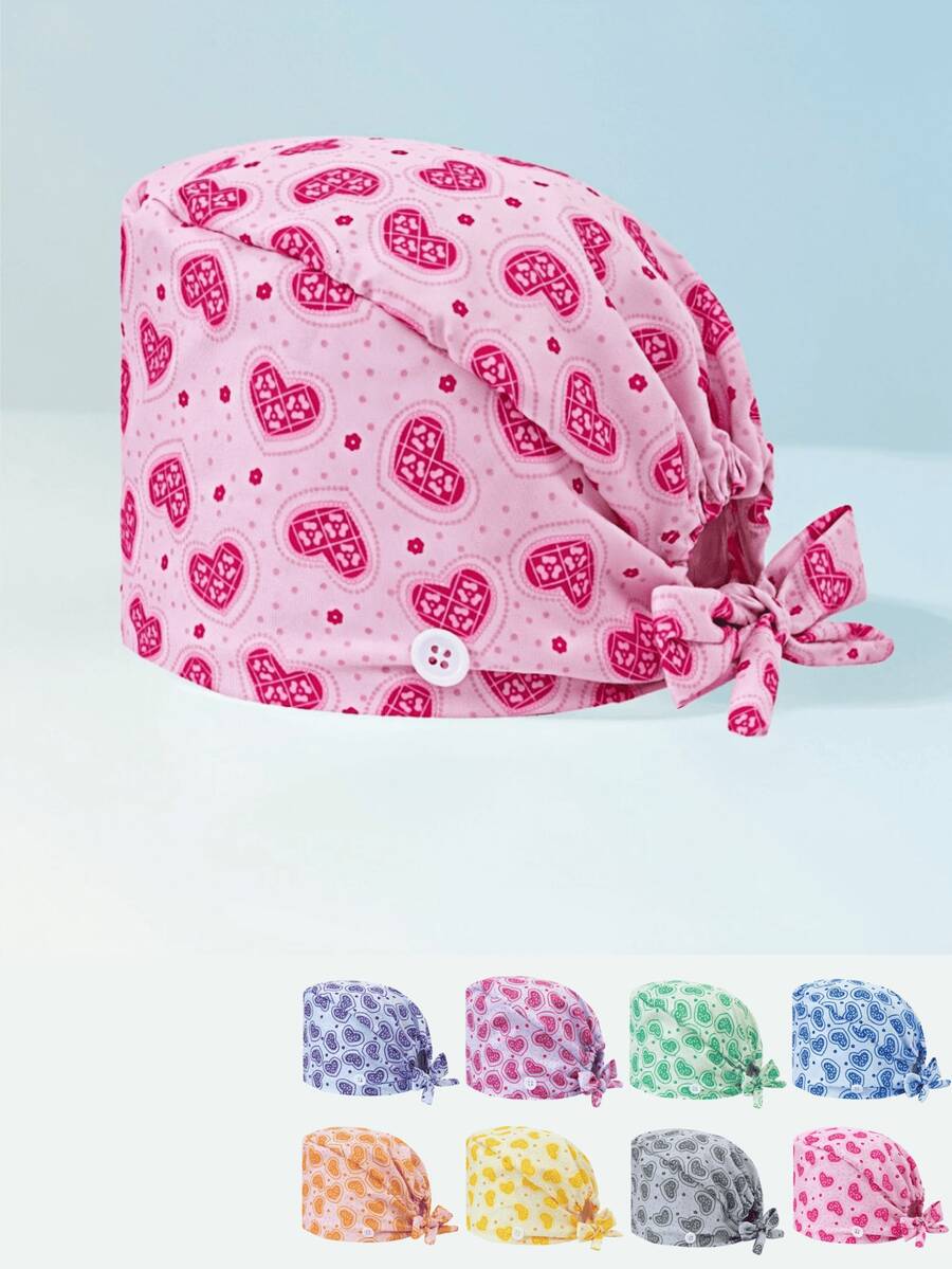 1 pezzo Cappellino da lavoro regolabile da donna con motivo a cuori e fiori, adatto per infermiere, chirurgia, taglia unica, assorbe il sudore, con fascia elastica, adatto per salone di bellezza, veterinaria, medico, infermiere, personale delle pulizie - Multicolore - Visualizzare 1
