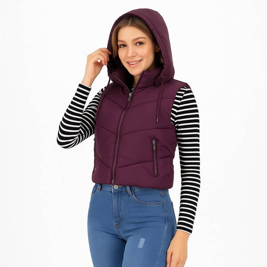 SAKERS OUTDOOR CLOTHING Chaleco informal de cuello alto para mujer, con bolsillos con cremallera, largo regular, tejido revestido, ligeramente elástico Chaleco Acolchado Dama Invierno Casual Moda, Capucha Sakers - Morado - Ver 1