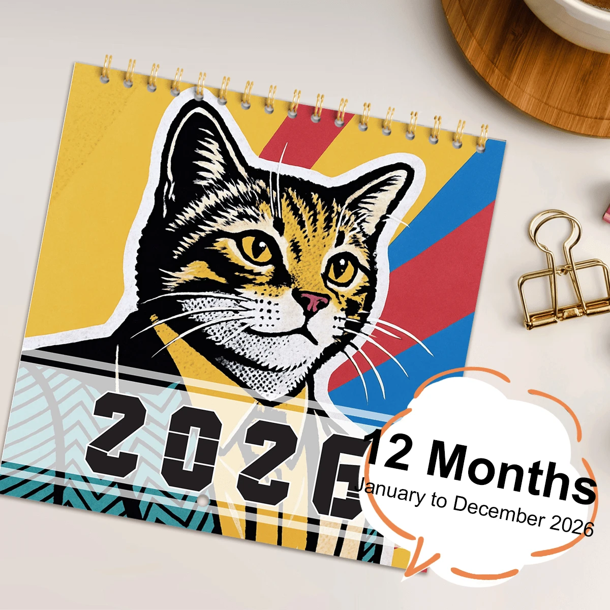 GDTME 2026 Pop Art Theme Calendar, Upgraded Pearlescent Version With Gold Metal Rings, Dated And Marked Holidays, Animal Art Illustrations, Suitable For Office, Living Room, Bedroom, Gift For Friends And Family