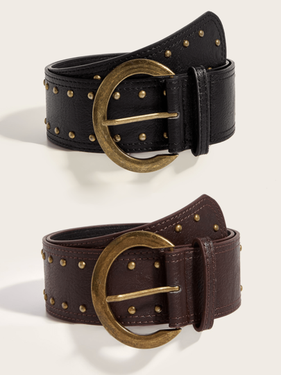 1 pieza Cinturón de cuero vintage marrón oscuro con tachuelas doradas, hebilla redonda de latón, diseño sencillo, para uso casual/laboral