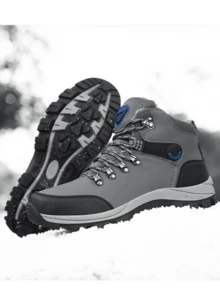 Men's Fleece Snow Boots, Outdoor Snow Sports Boots, Waterproof Outdoor Snow Boots, Large Size Snow Boots For Hiking, Super Warm Snow Boots, Large Size Anti-Slip Snow Boots, Asymmetrical Pattern, Size 39-45 - Grey - View 4