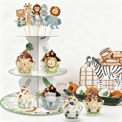 1个三层纸杯蛋糕架 - 动物主题派对装饰，纸杯蛋糕托架甜点展示架，适用于男孩/女孩生日、婴儿派对、新娘派对、情人节、美食展览、纸杯蛋糕装饰