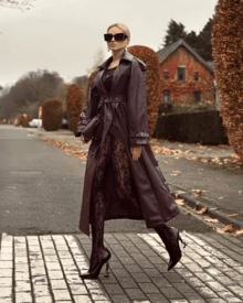 FLORETTA ÉLENA Women's Angora Red Solid Color Double-Breasted Long Elegant Modern Trench Coat, Autumn/Spring - Burgundy - View 1