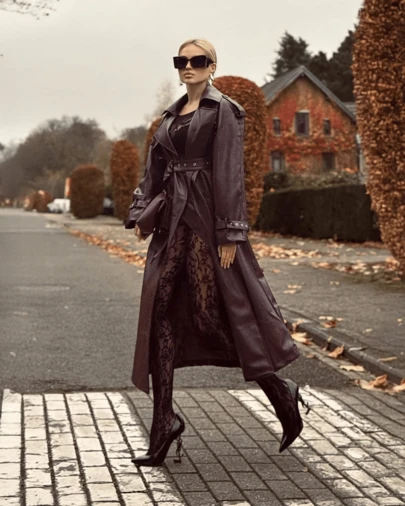 FLORETTA ÉLENA Women's Angora Red Solid Color Double-Breasted Long Elegant Modern Trench Coat, Autumn/Spring