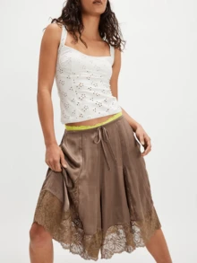Women Lace Floral Bloomers Pants Lace Patchwork Ruffle Shorts Pajamas Boxers Bow Coquette Shorts Bottoms - Cà phê nâu - Xem 3