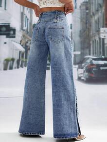 Magic Mia Women's High Waisted Wide Leg Jeans - Vintage Flare Denim Pants With Multi-Button Front & Side Accents | Retro Loose Fit For Streetwear, Casual & Everyday Style - 藍色 - 查看 4
