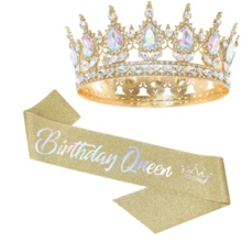 2pcs/Set Shiny Metallic Crown + Shoulder Strap "Birthday Queen" Set, Bridal Crown Headpiece, Suitable For Birthday Party, Wedding, Christmas Party, Masquerade Ball, Women Costume Accessories, Coronas, Tiara, Hair Garland, Bride To Be