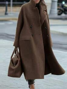 秋冬季女士休闲羊毛混纺翻领长袖通勤优雅长款羊毛混纺大衣 - 深棕色 - 查看 2
